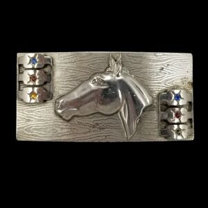 Vintage Silver Tone Horse Head Belt Buckle Western‎ Cowboy Rhinestone Accents